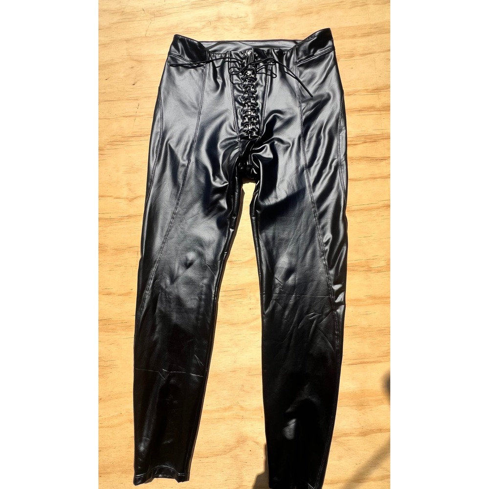 Zasuwa Black Faux Leather Lace Up Front Leggings High Waisted Size S NWT